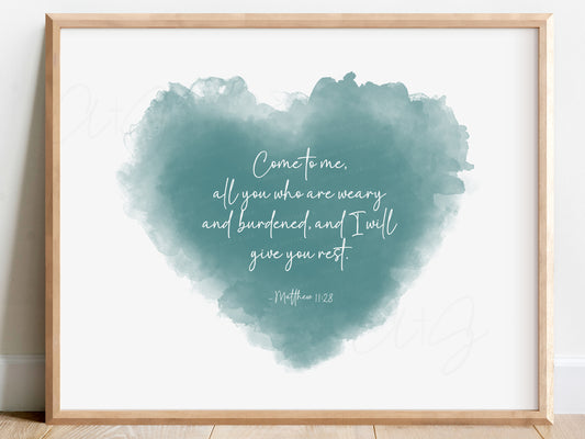 Watercolor heart Scripture art featuring Matthew 11:28 — “Come to me, all you who are weary and burdened, and I will give you rest.” Perfect for baby loss, grief, or encouragement.

