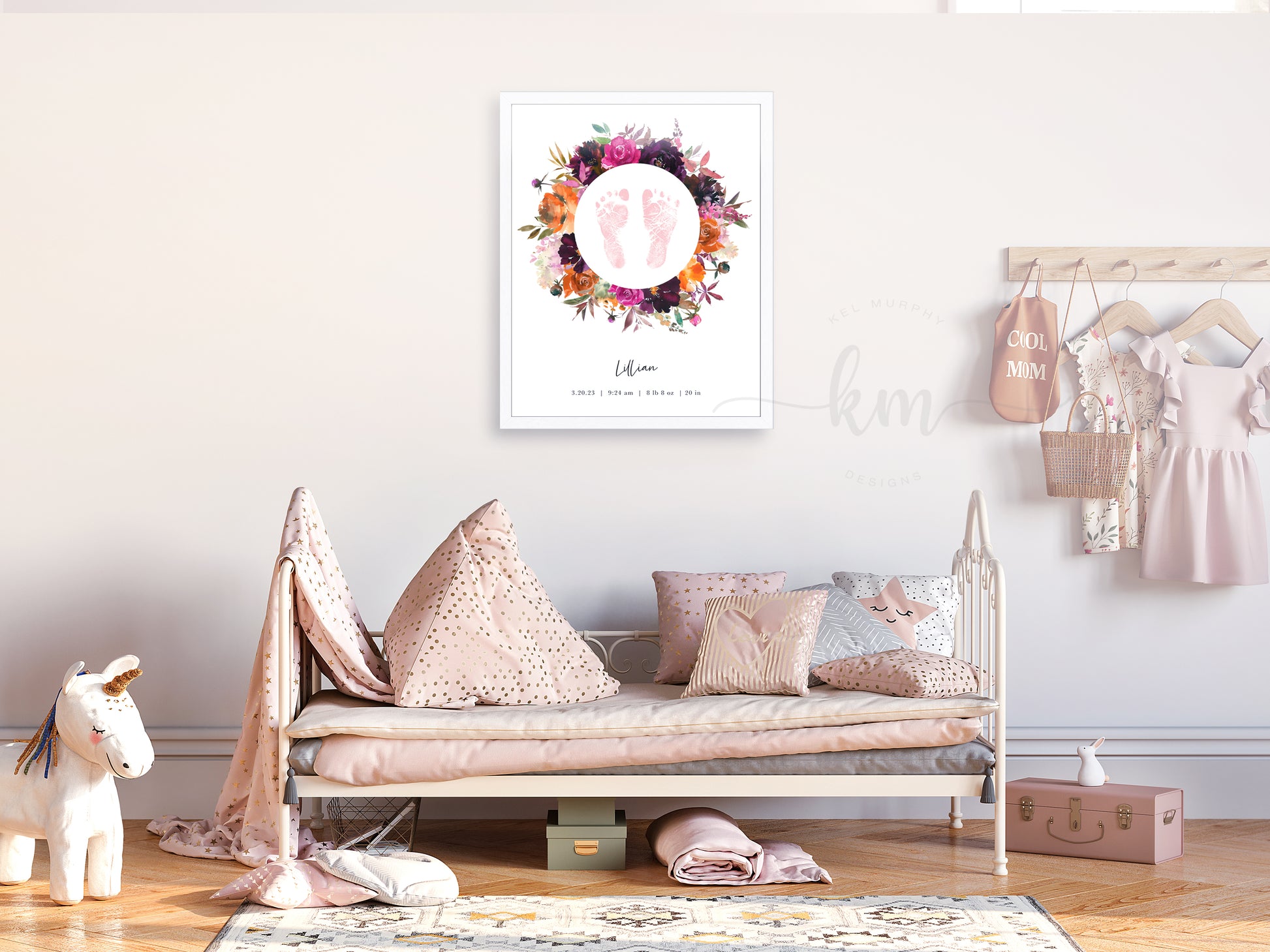 Footprint artwork with baby’s name and birth stats – fall floral baby keepsake
