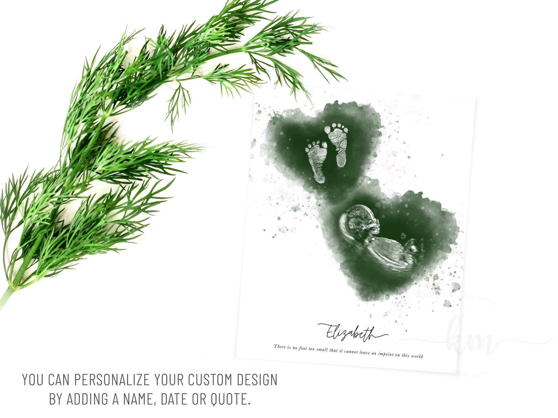 Heart-shaped vertical design with ultrasound and baby hand or footprints – baby memorial or shower keepsake

