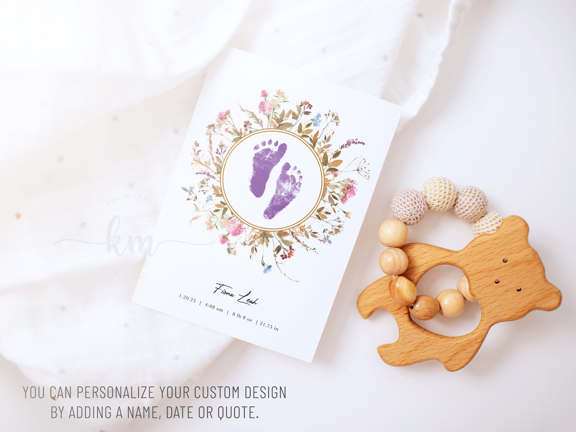 Custom baby footprint art with floral wreath – memorial or gift for new parents

