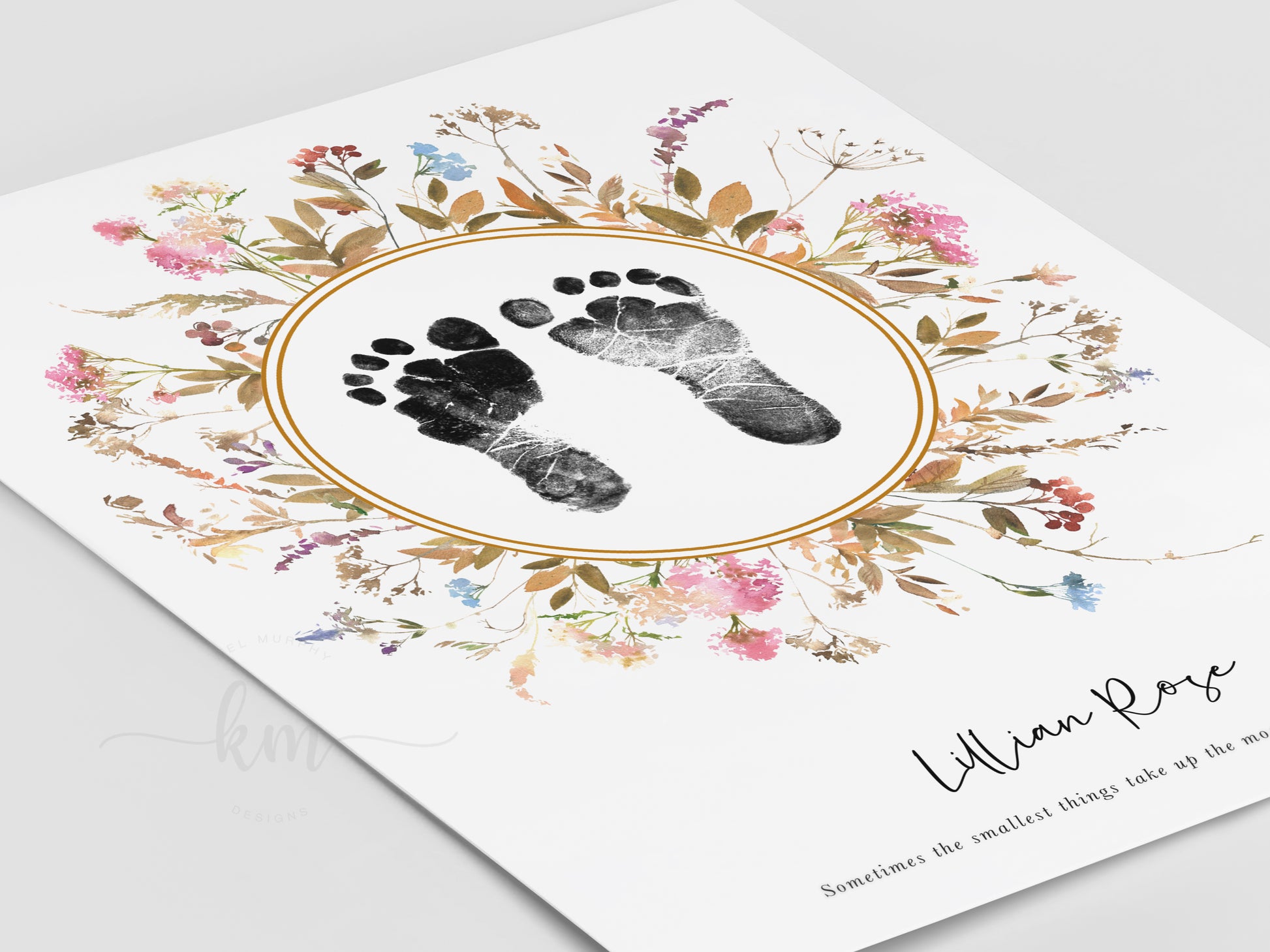 Watercolor baby footprint keepsake with wildflowers – thoughtful baby loss gift

