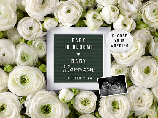 White ranunculus flowers pregnancy announcement with ultrasound for sharing baby news


