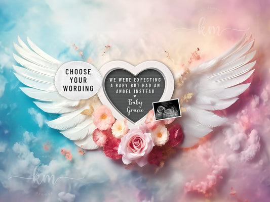 Pink and blue clouds baby loss announcement with angel wings for miscarriage or infant loss


