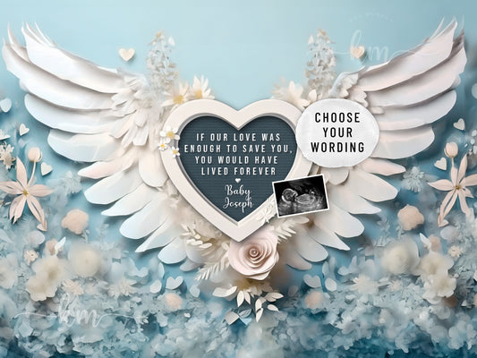 Blue boy baby loss announcement with angel wings for miscarriage or infant loss

