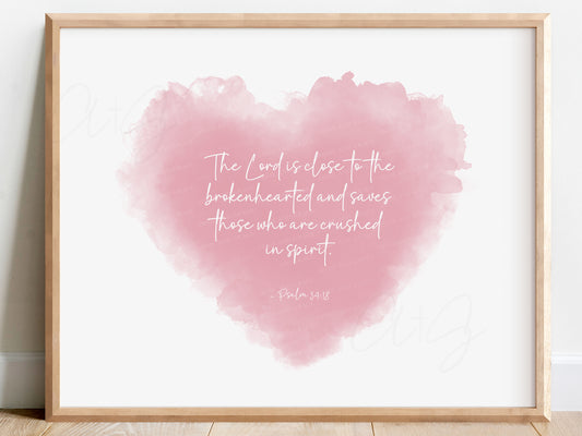 Heart watercolor scripture art print with Psalm 34:18 for baby loss memorial

