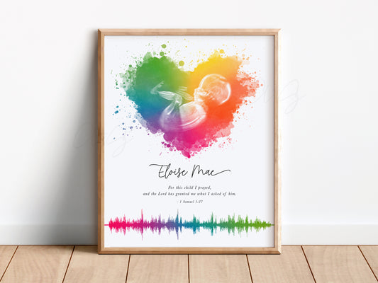 Rainbow Baby Splatter Heart Ultrasound Art with Baby Heartbeat