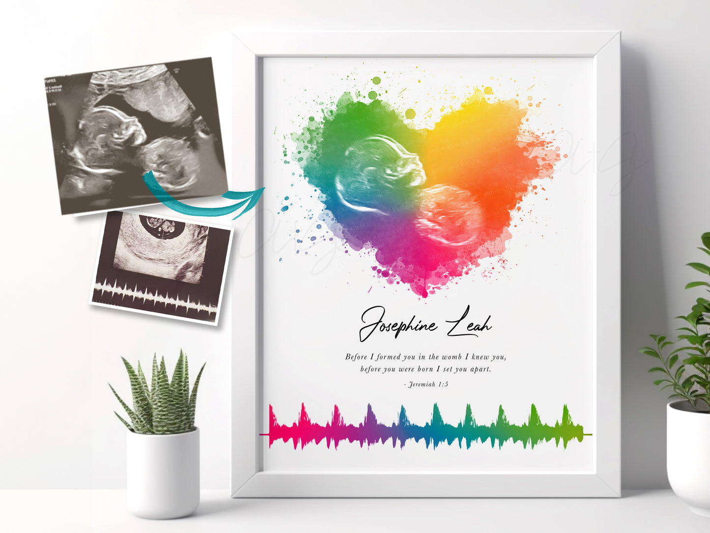 Rainbow Baby Splatter Heart Ultrasound Art with Baby Heartbeat