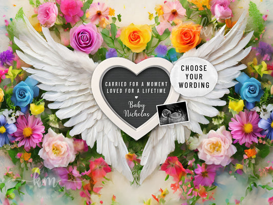 Rainbow flowers baby loss announcement with angel wings for miscarriage or infant loss

