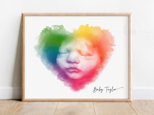 Watercolor rainbow baby ultrasound art with heart shape – miscarriage or baby loss memorial

