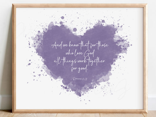 Heart-shaped Scripture art print featuring Romans 8:28 for baby shower or new mom gift

