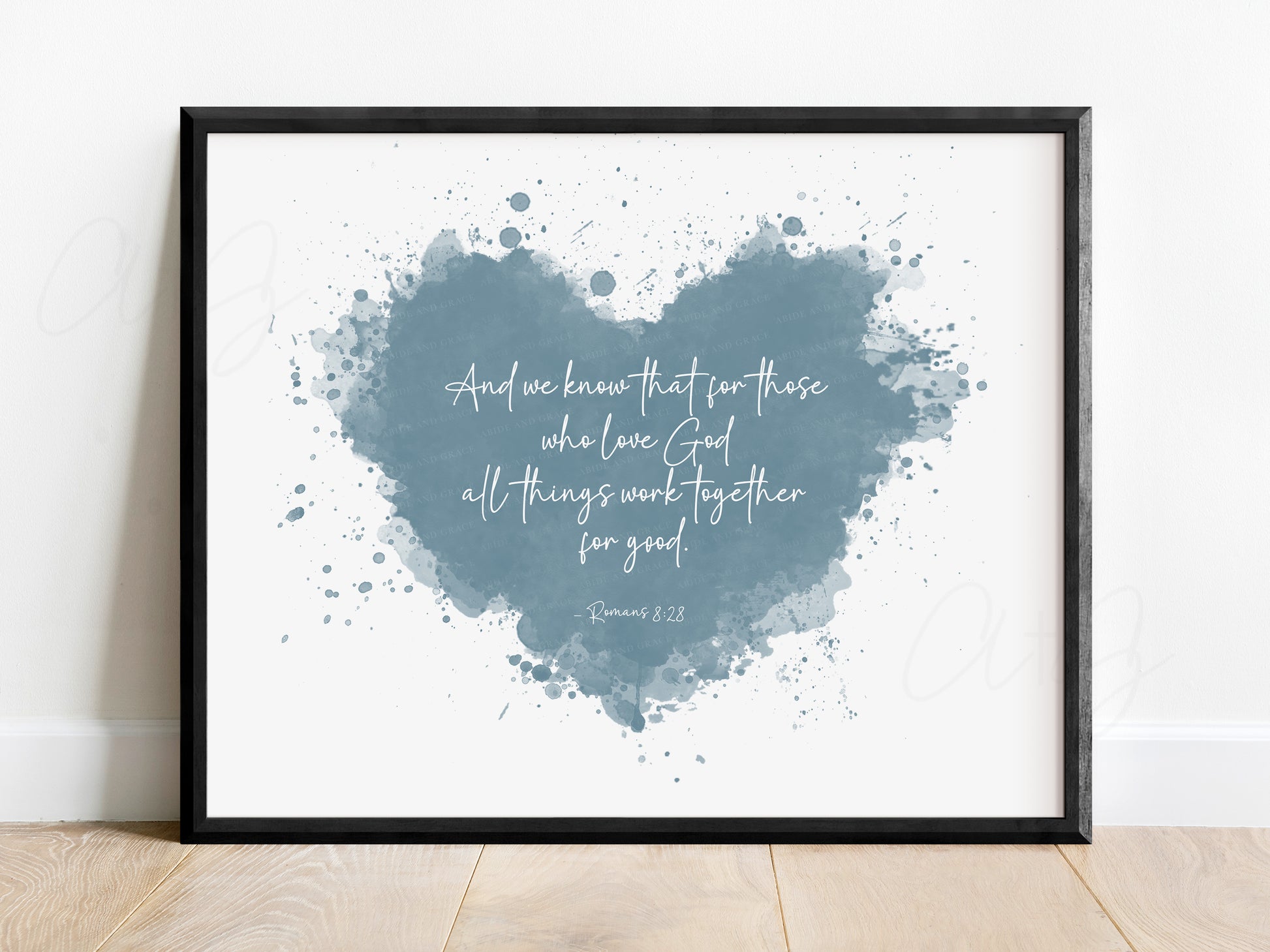 Heart Scripture print with Romans 8:28 Bible verse for Christian nursery decor

