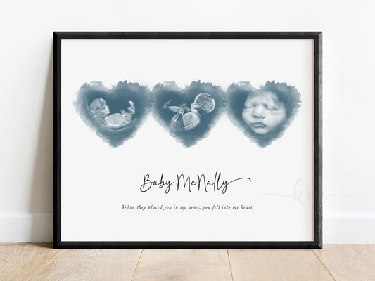 Three-heart watercolor ultrasound art for baby loss or baby shower gift

