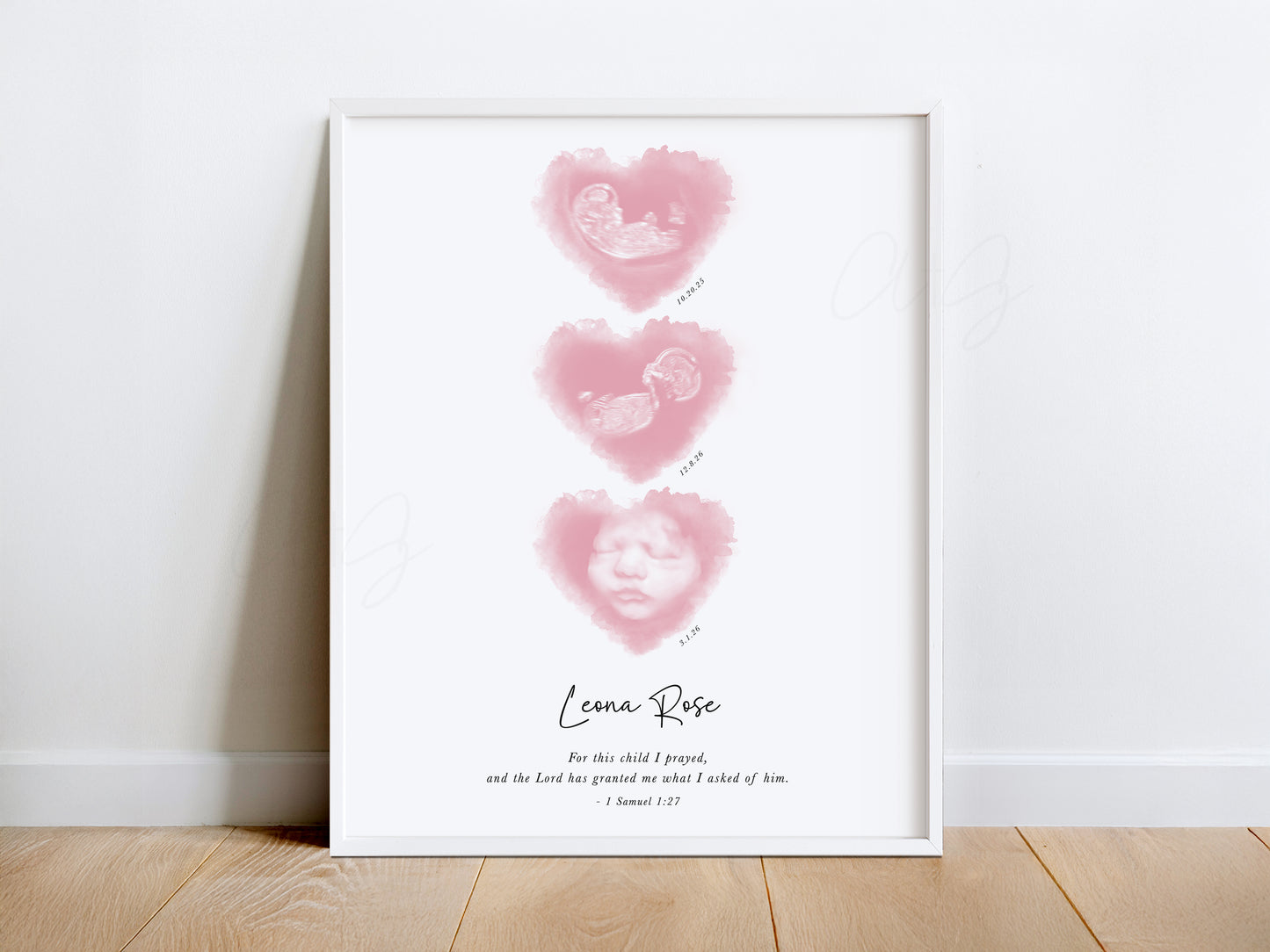 Three Hearts Watercolor Ultrasound Art - Vertical