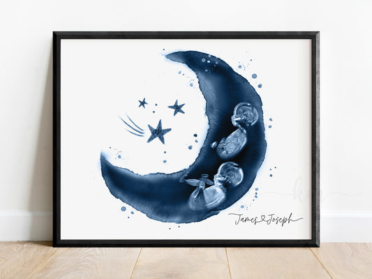 Moon and stars watercolor twins ultrasound art for baby loss or baby shower gift

