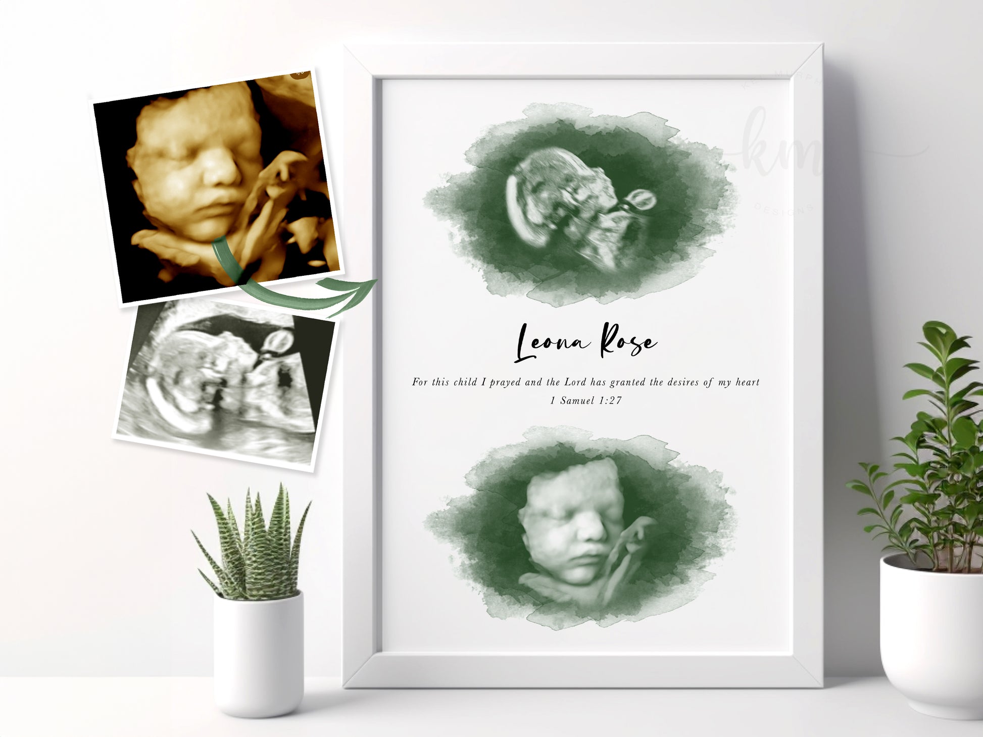 Custom watercolor twins ultrasound art with baby names and stats

