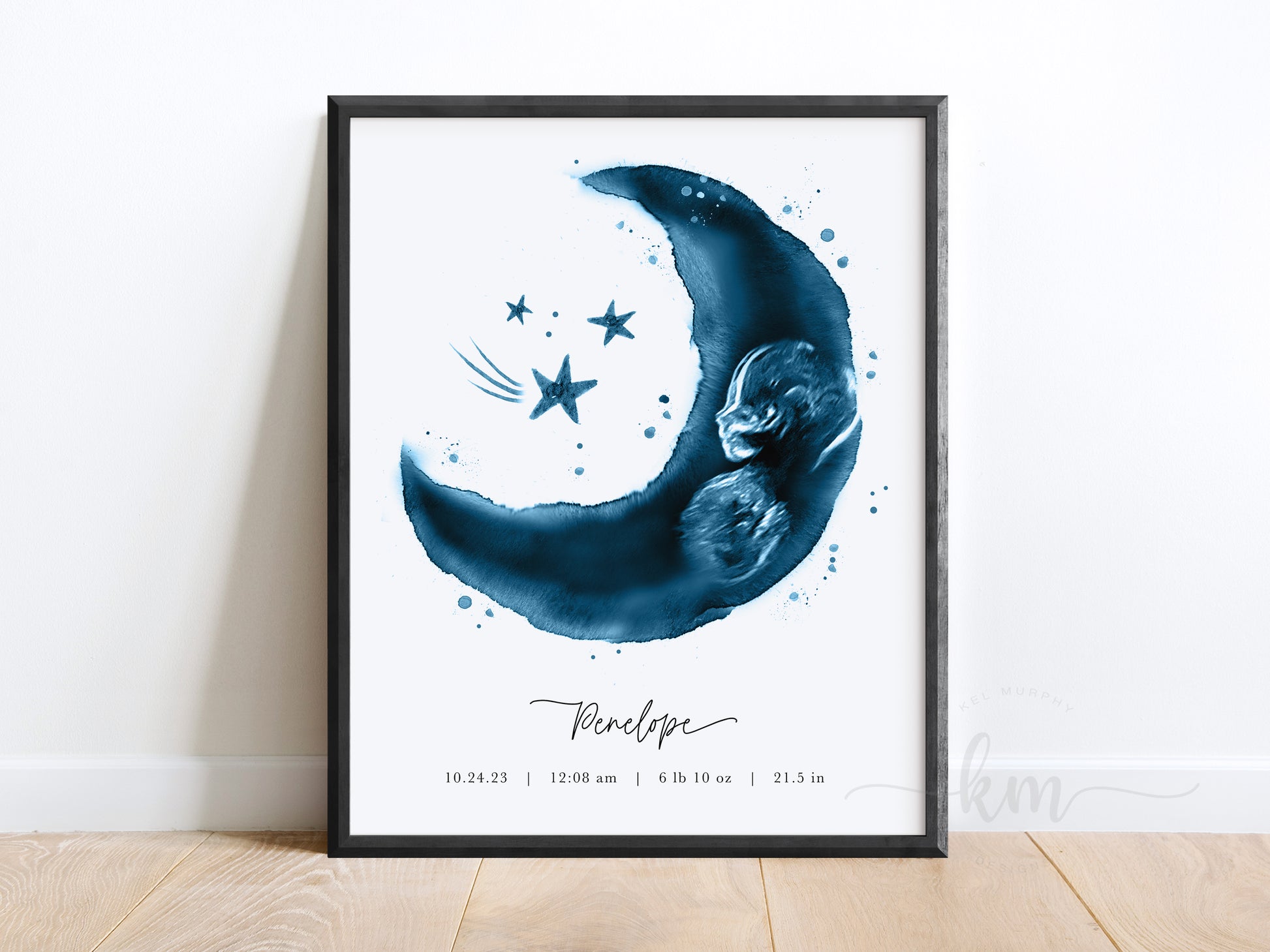 Personalized moon and stars ultrasound keepsake with baby’s name and stats

