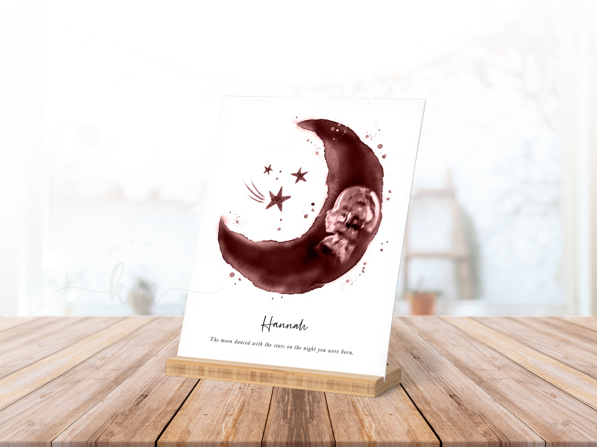 Moon and stars watercolor keepsake featuring baby’s ultrasound photo

