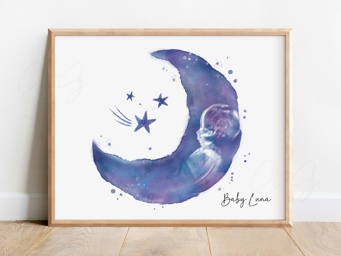 Moon and Stars Watercolor Ultrasound Art