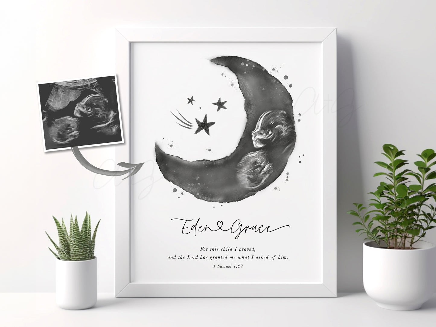 Moon and Stars Watercolor Ultrasound Art