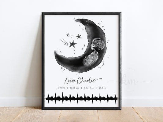 Watercolor moon and stars ultrasound art with baby heartbeat soundwave for baby loss gift

