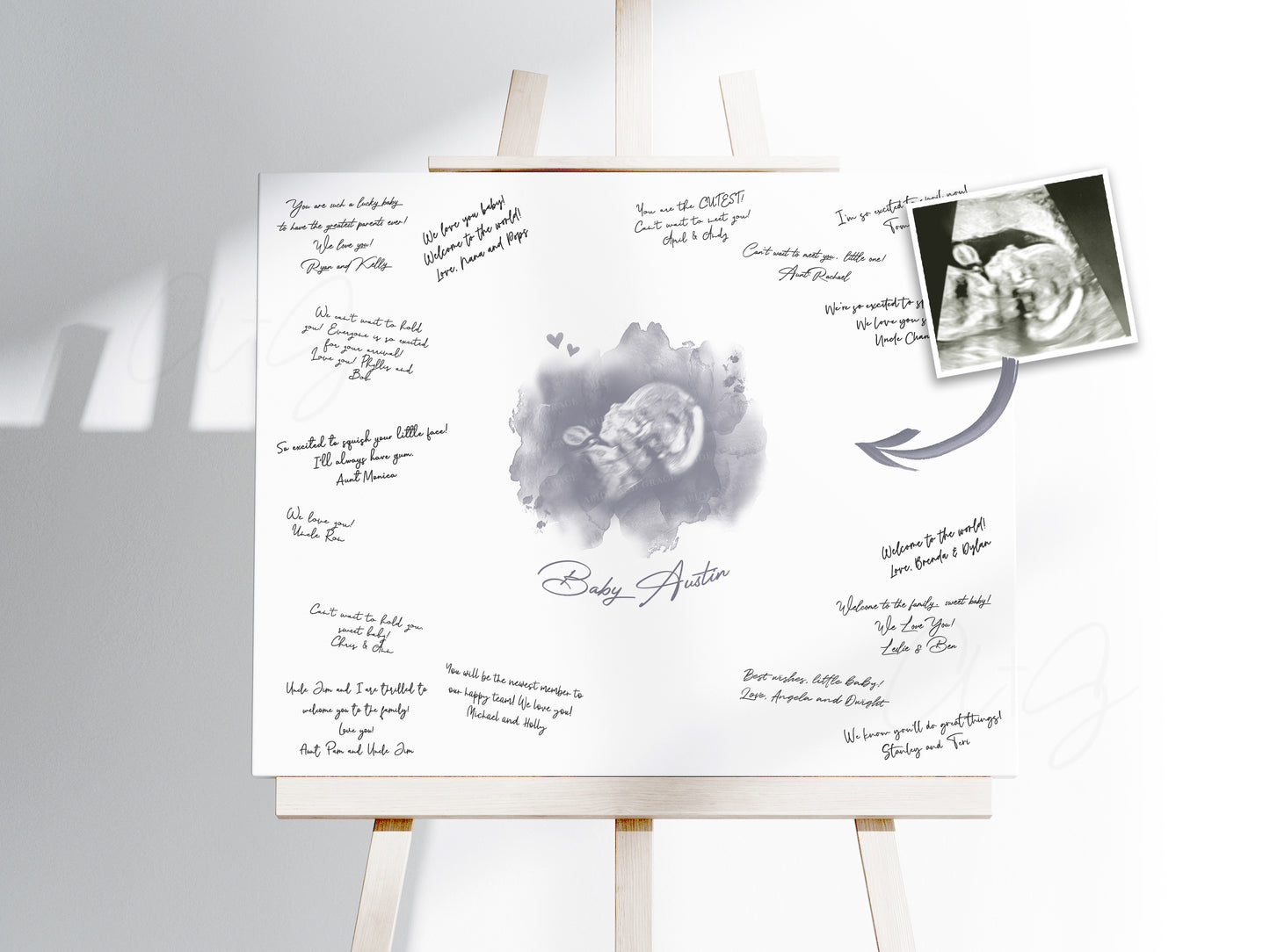 Baby Shower Guestbook Art with Cloud and Hearts Watercolor Ultrasound