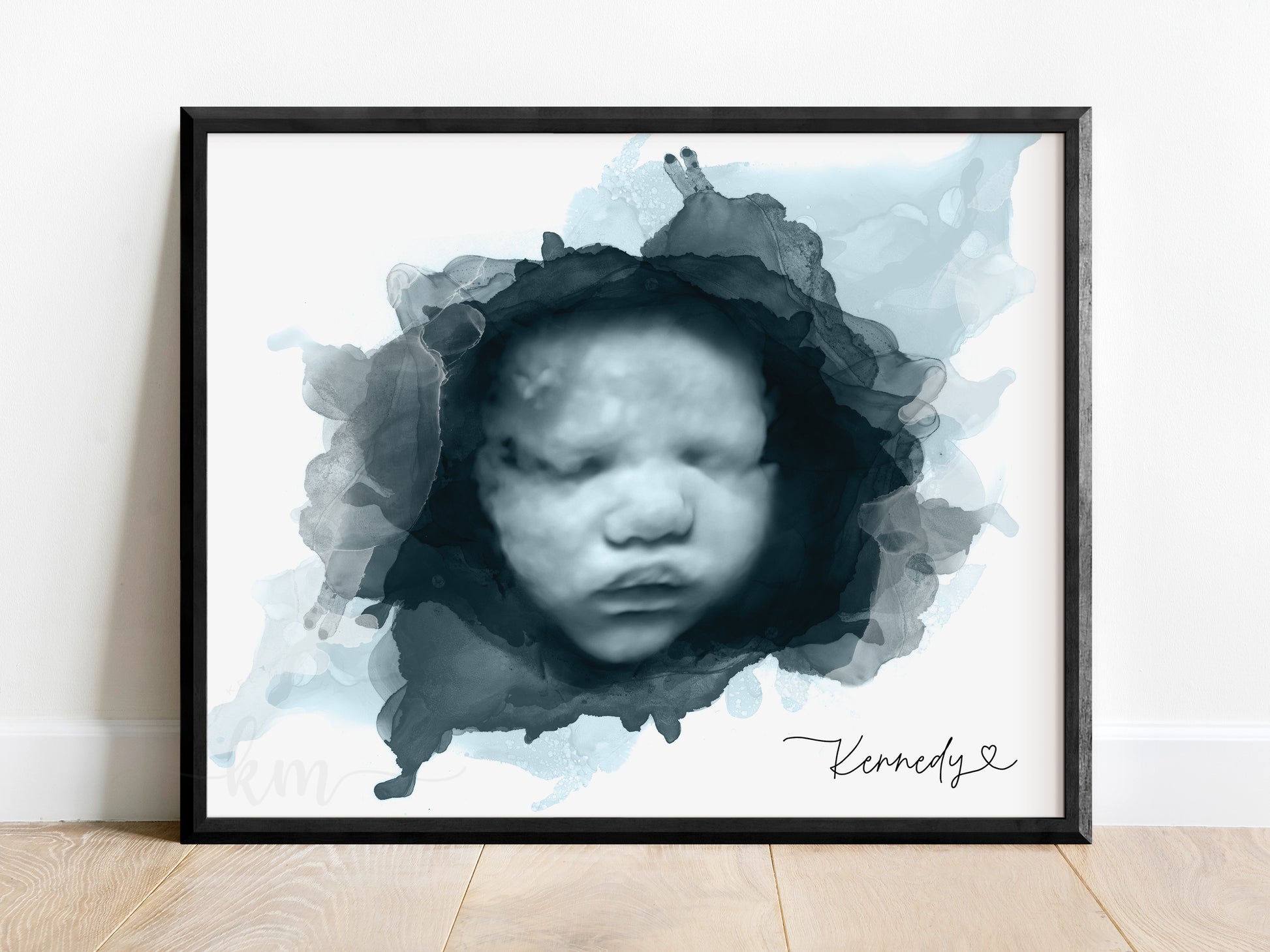 Alcohol ink ultrasound keepsake with 3D baby face in a soft watercolor design, personalized with name and date

