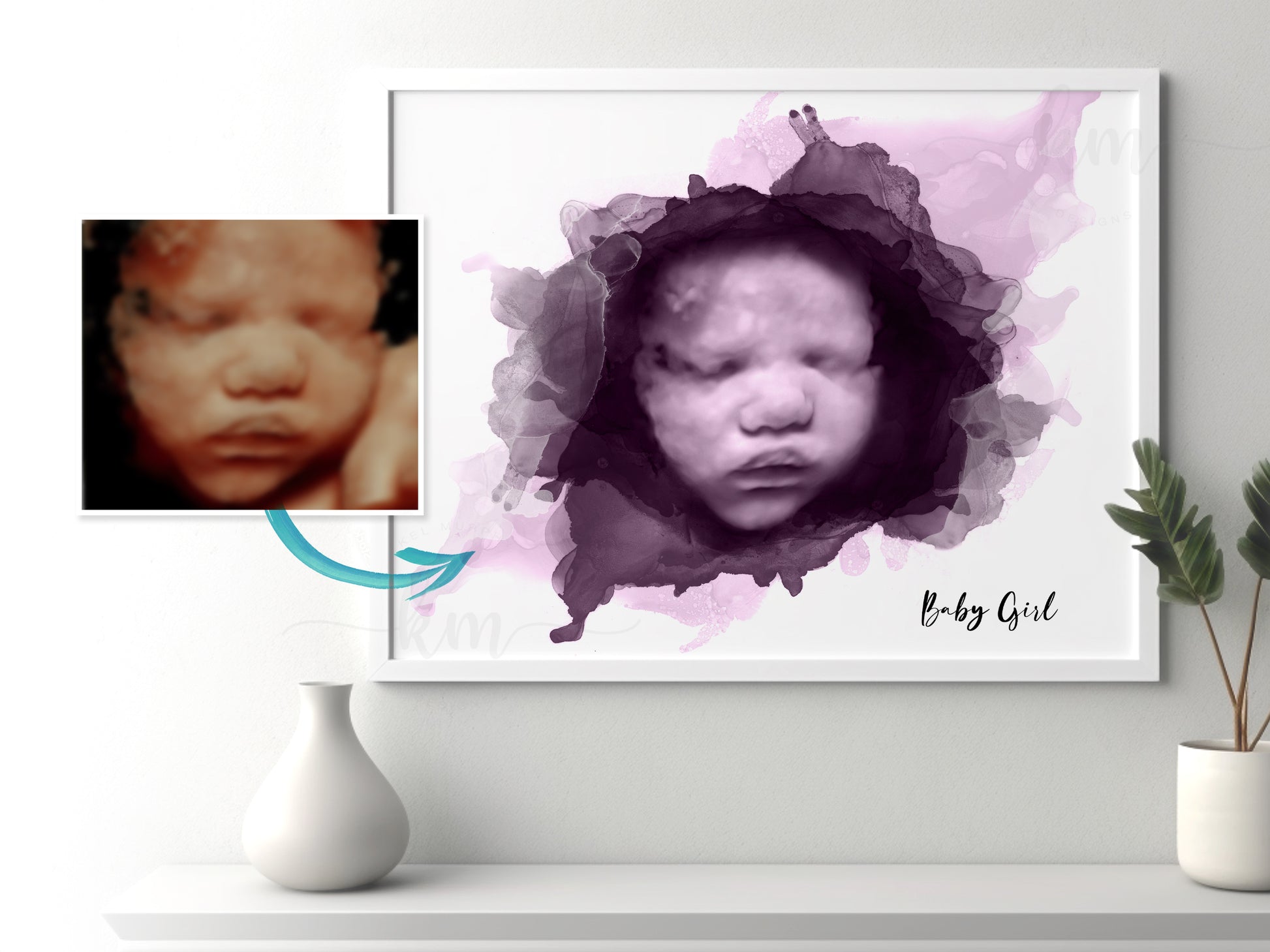 Watercolor alcohol ink baby keepsake with personalized text and 3D ultrasound photo

