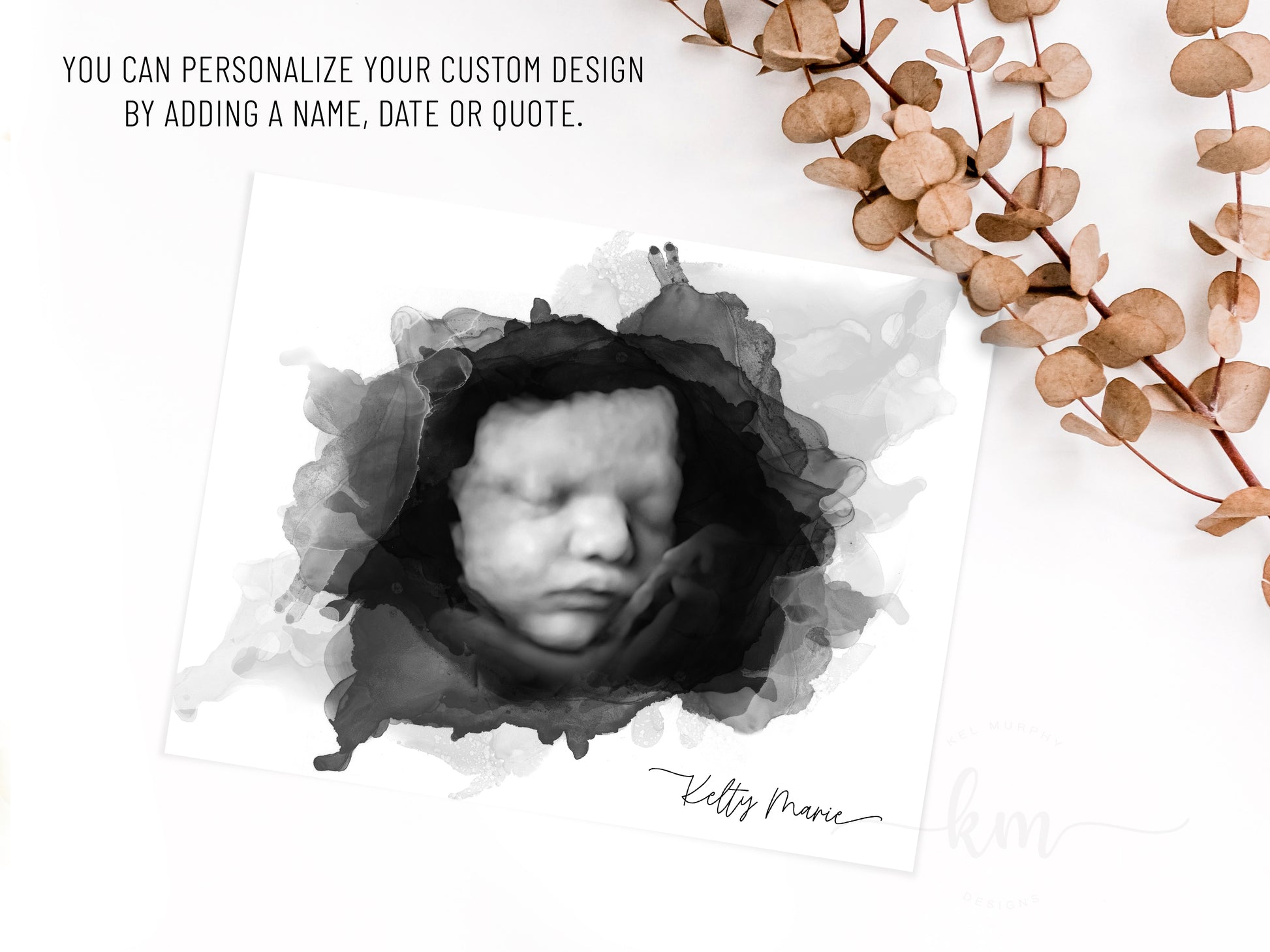 Christian baby gift with Bible verse and 3D ultrasound image in alcohol ink watercolor style

