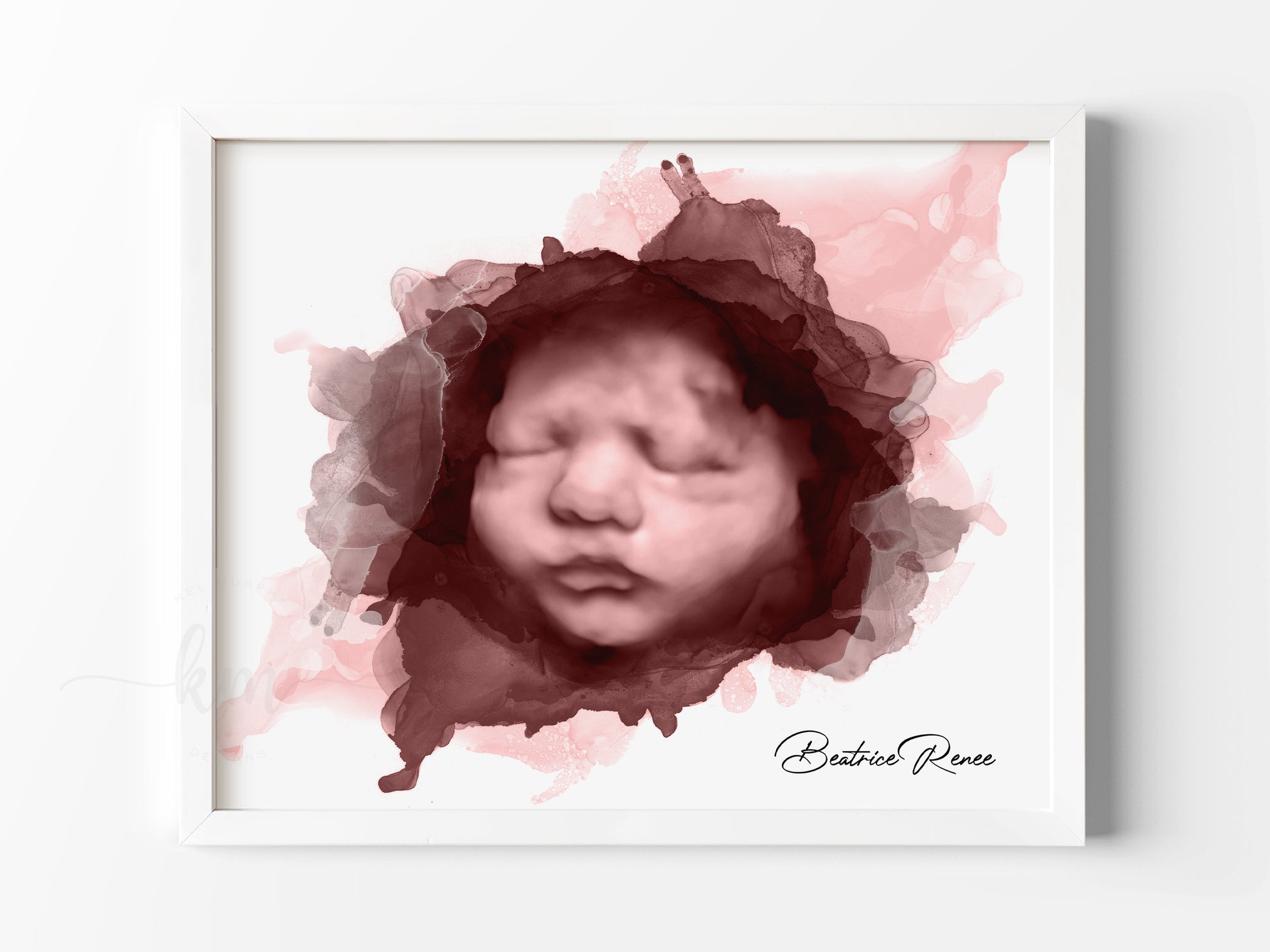 Framed ultrasound art print with alcohol ink design and 3D baby face, ideal for new moms or baby loss memorial

