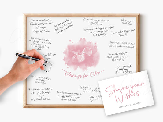 Baby Shower Guestbook Art with Cloud and Hearts Watercolor Ultrasound