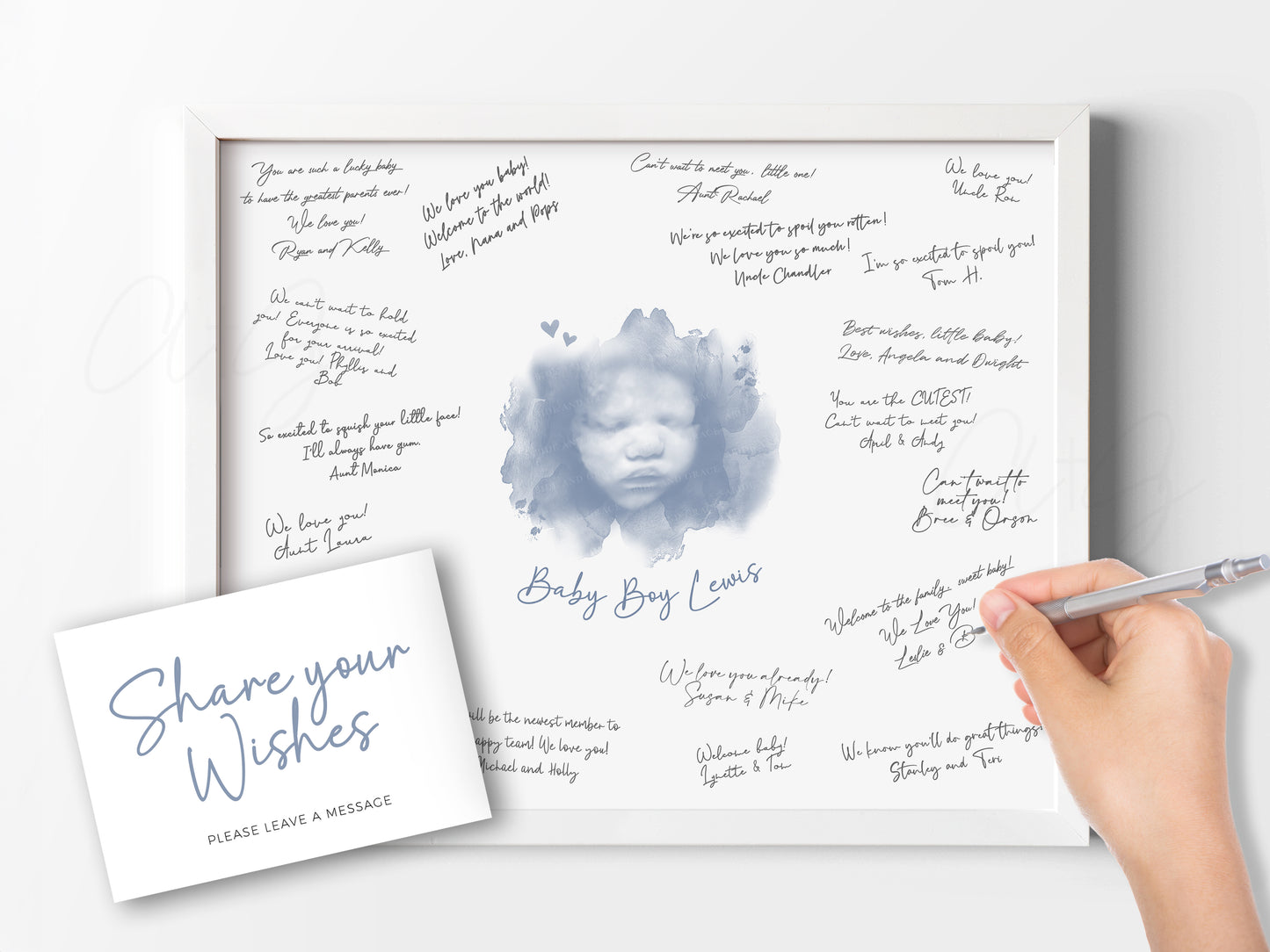 Baby Shower Guestbook Art with Cloud and Hearts Watercolor Ultrasound