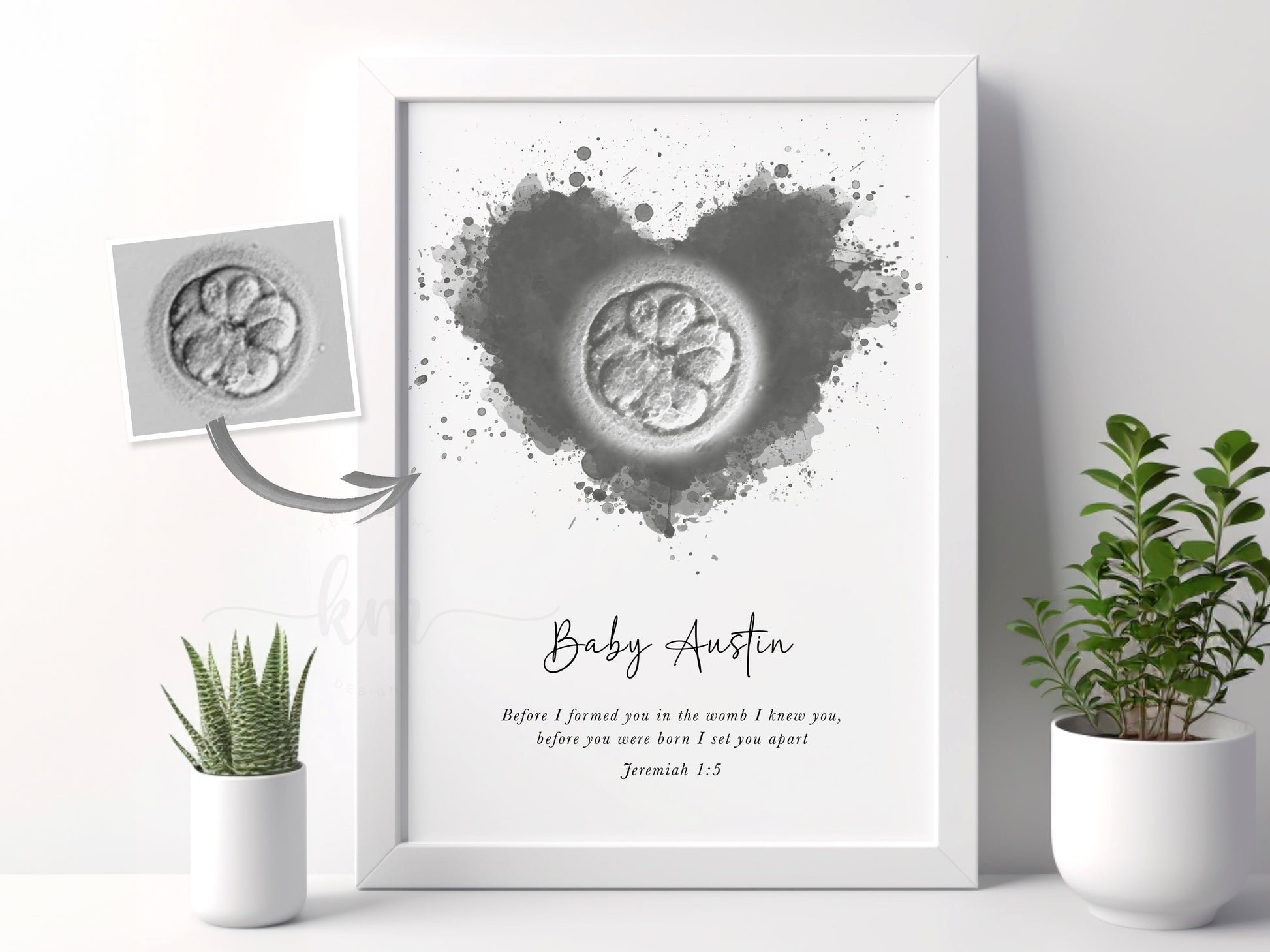 Custom embryo art featuring splatter heart design for pregnancy loss or IVF gift

