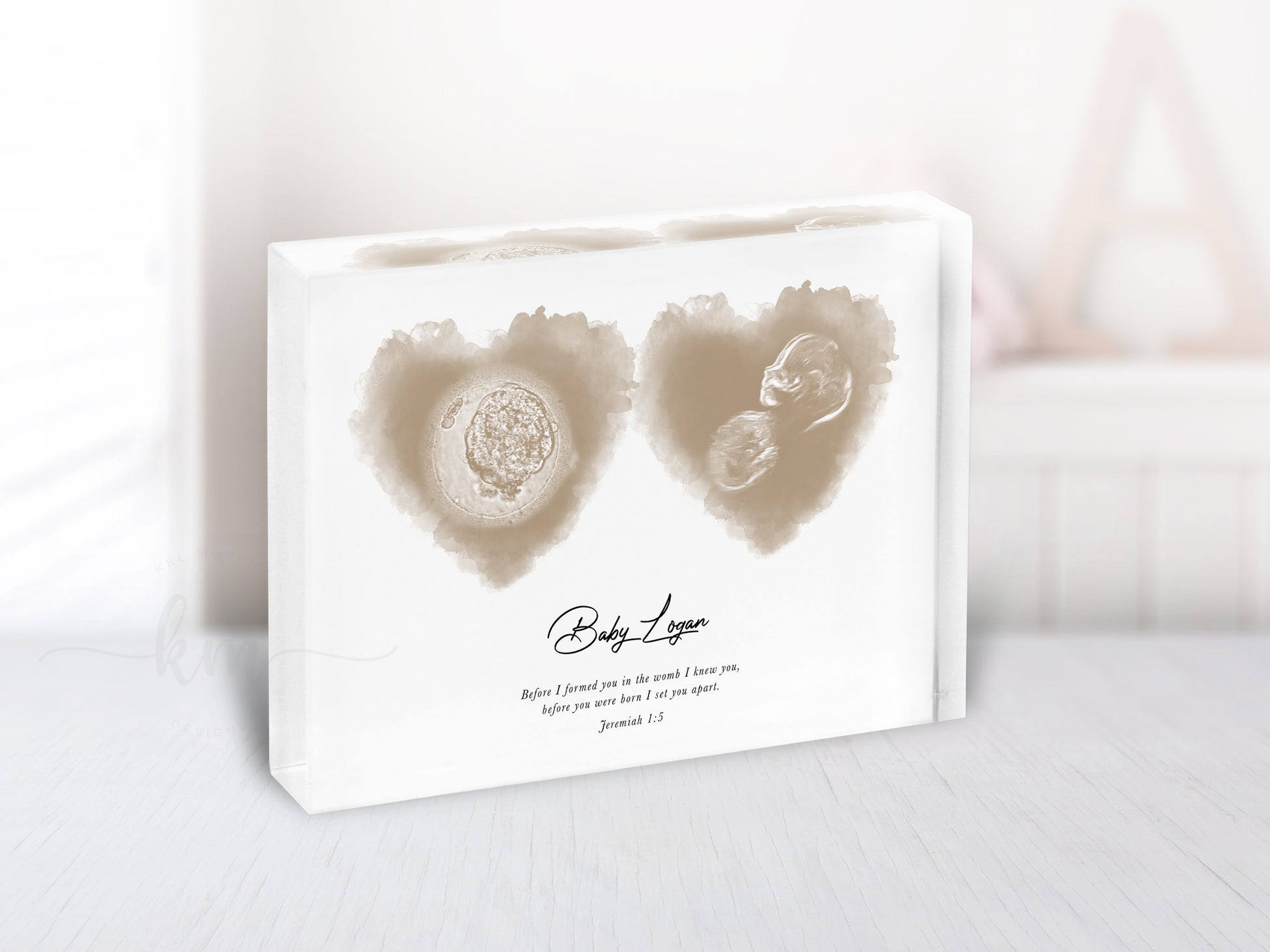 Custom two-heart artwork with ultrasound and embryo photo for IVF journey

