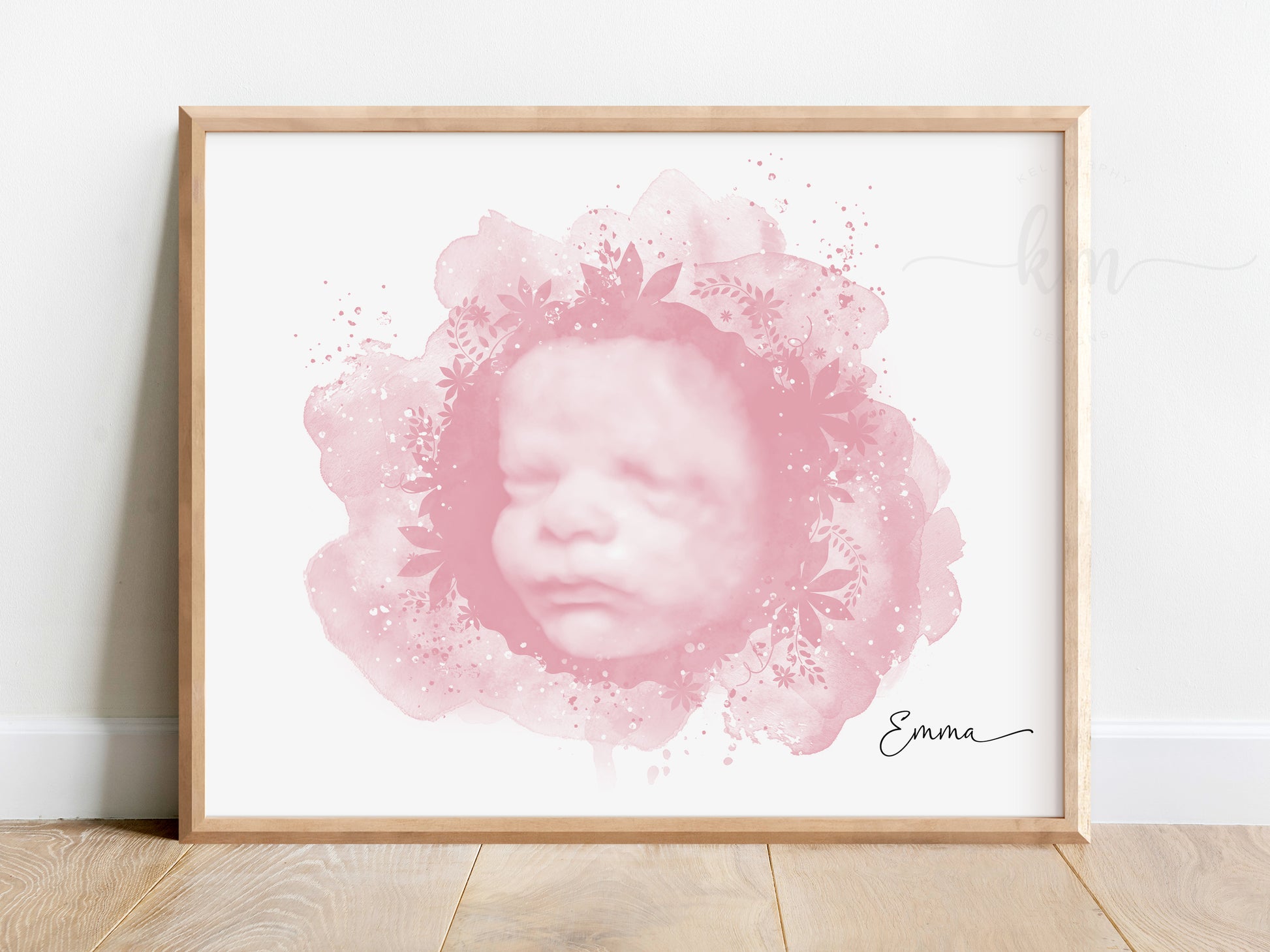 Personalized floral watercolor ultrasound design with name and birth details

