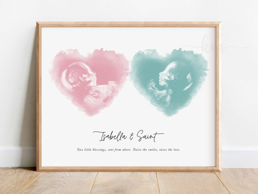 Custom twins ultrasound art with two watercolor hearts for baby loss or baby shower gift

