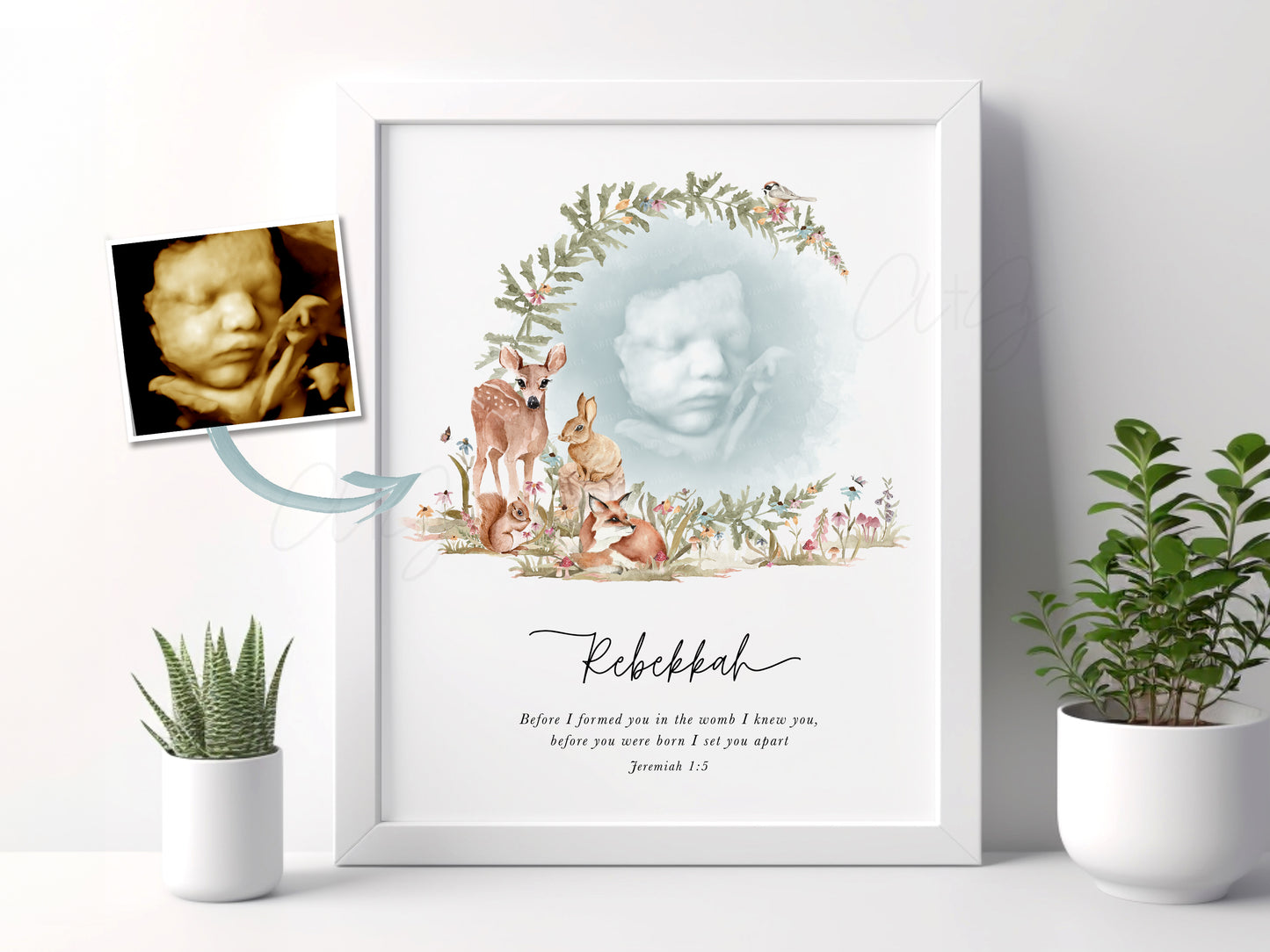woodland baby nursery art with ultrasound watercolor animals forest theme custom baby keepsake nursery decor