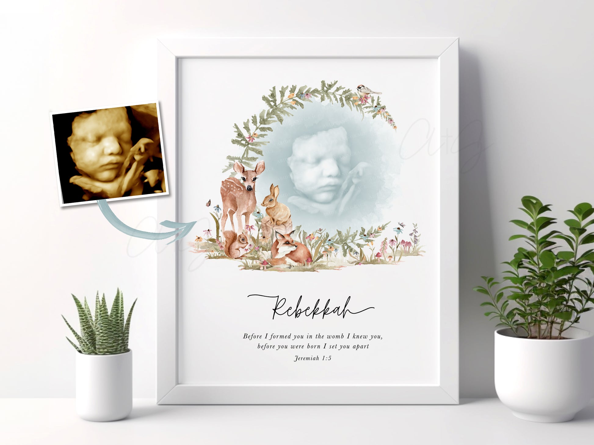 woodland baby nursery art with ultrasound watercolor animals forest theme custom baby keepsake nursery decor