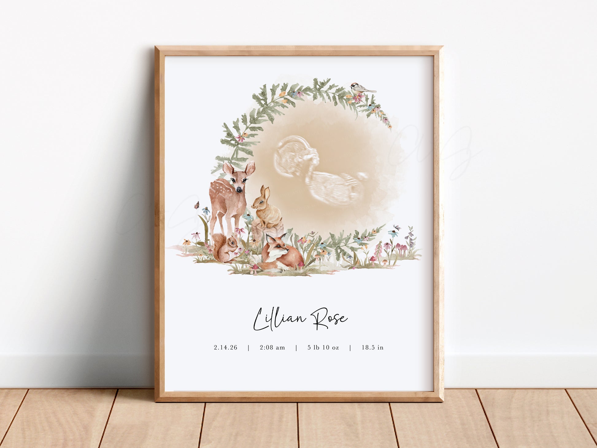 custom ultrasound baby art with woodland animals watercolor nursery decor forest theme baby keepsake