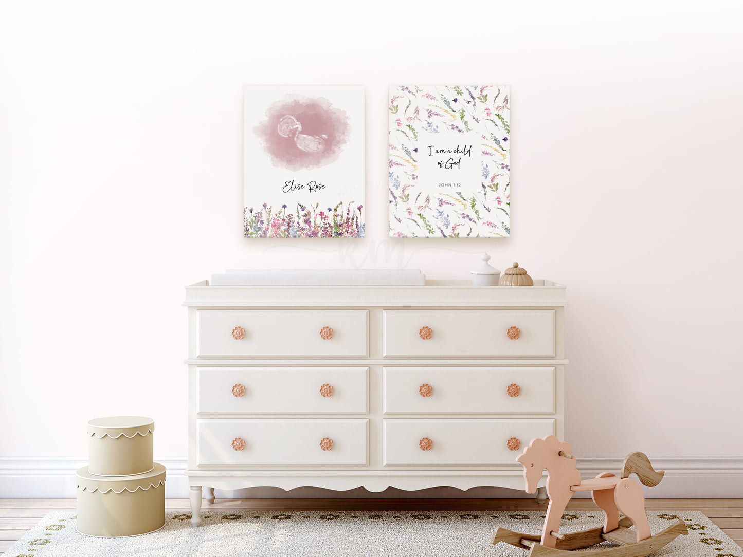 Two-piece wildflower ultrasound and Bible verse wall art set displayed above dresser in a nursery, Christian keepsake design.