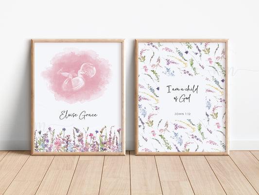 Personalized wildflowers ultrasound and Bible verse wall art set for baby shower gift

