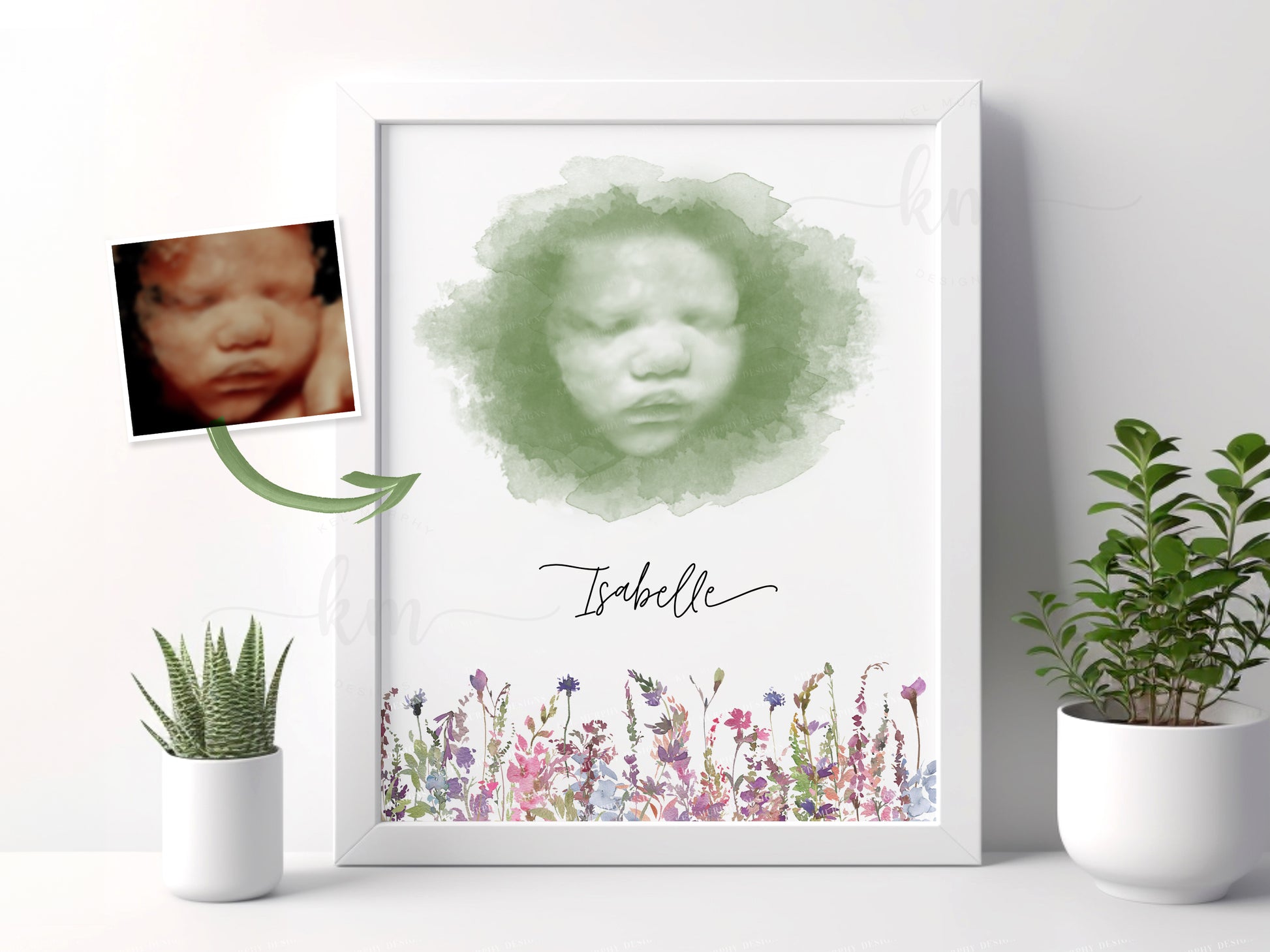Watercolor ultrasound with wildflowers and Bible verse I Am a Child of God wall decor

