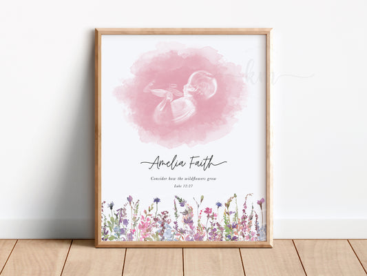 Watercolor ultrasound art with wildflowers, baby loss gift

