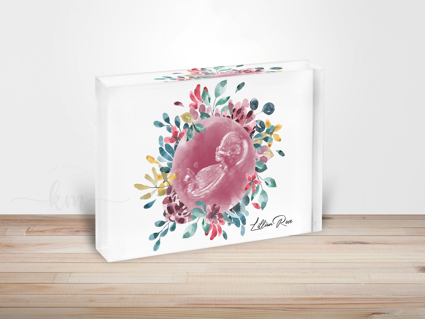 Ultrasound memorial artwork with watercolor flowers for baby loss

