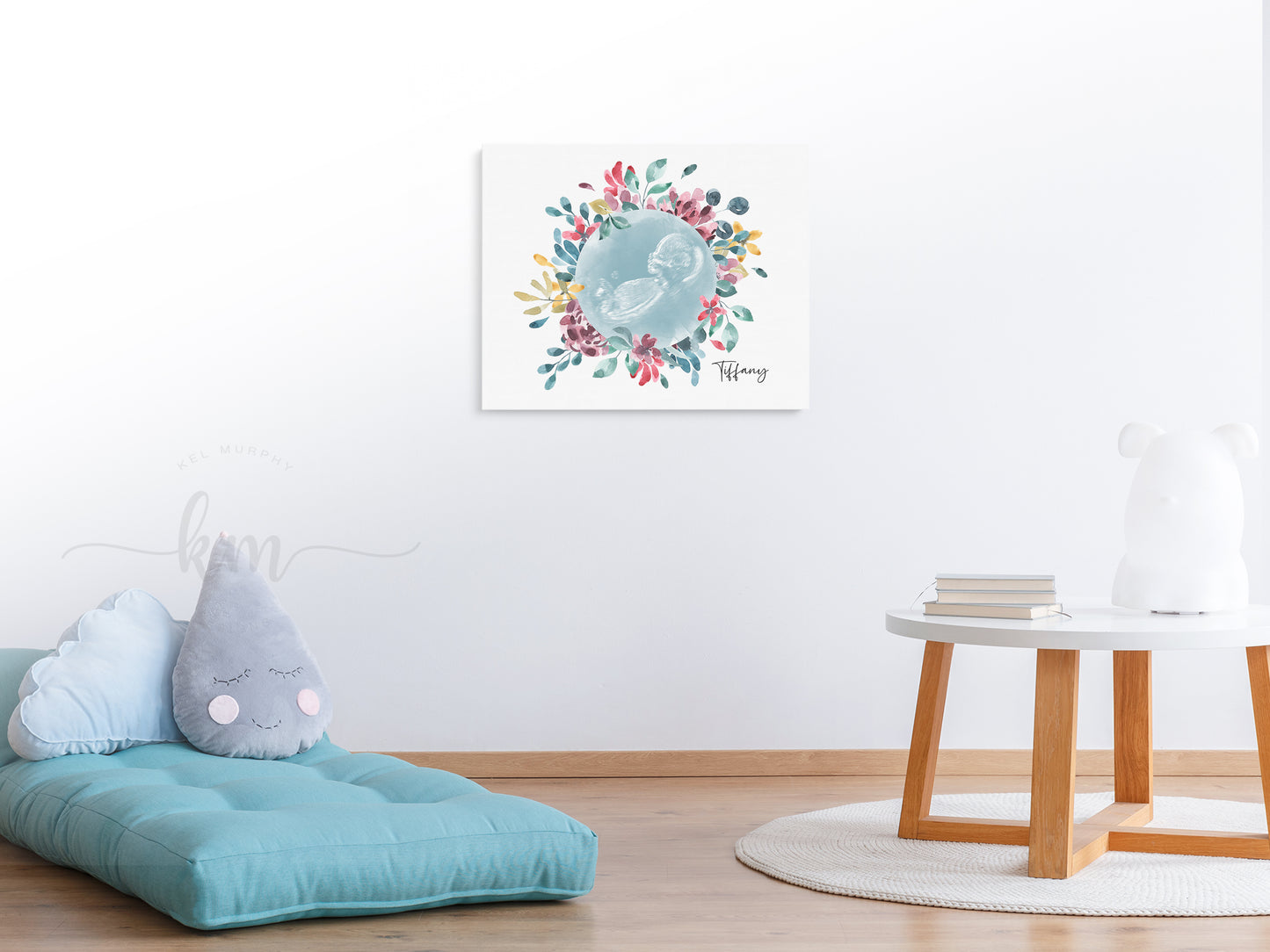 Watercolor ultrasound art with flower wreath for new mom or memorial

