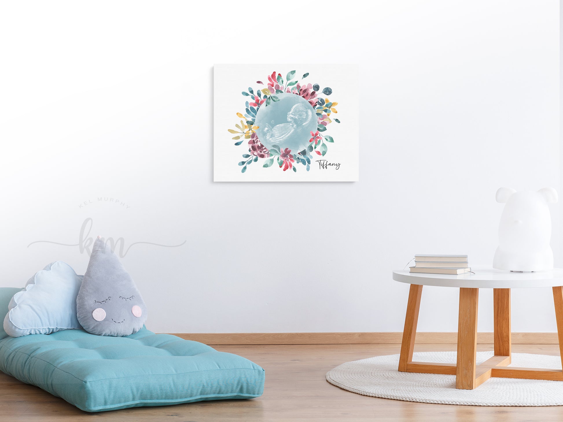 Watercolor ultrasound art with flower wreath for new mom or memorial

