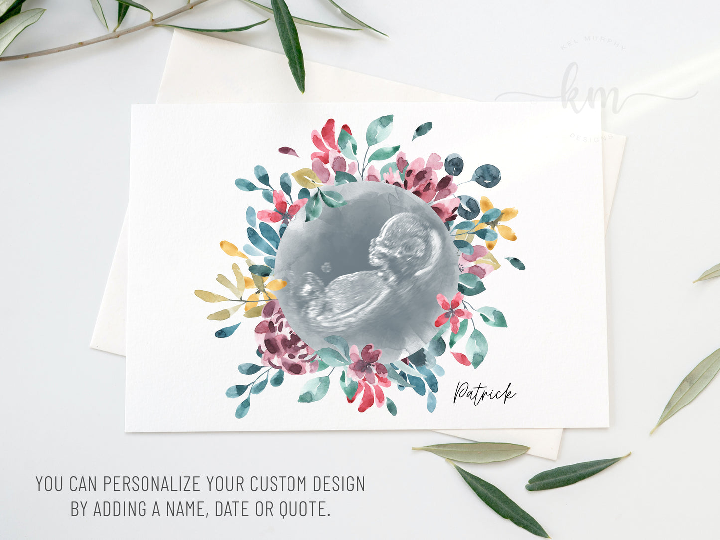 Custom watercolor ultrasound print with floral wreath design

