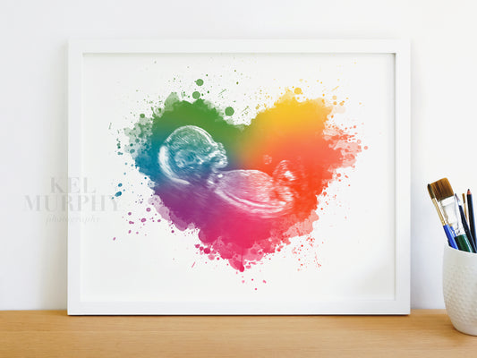 Rainbow baby splatter heart ultrasound art for baby loss or baby shower gift

