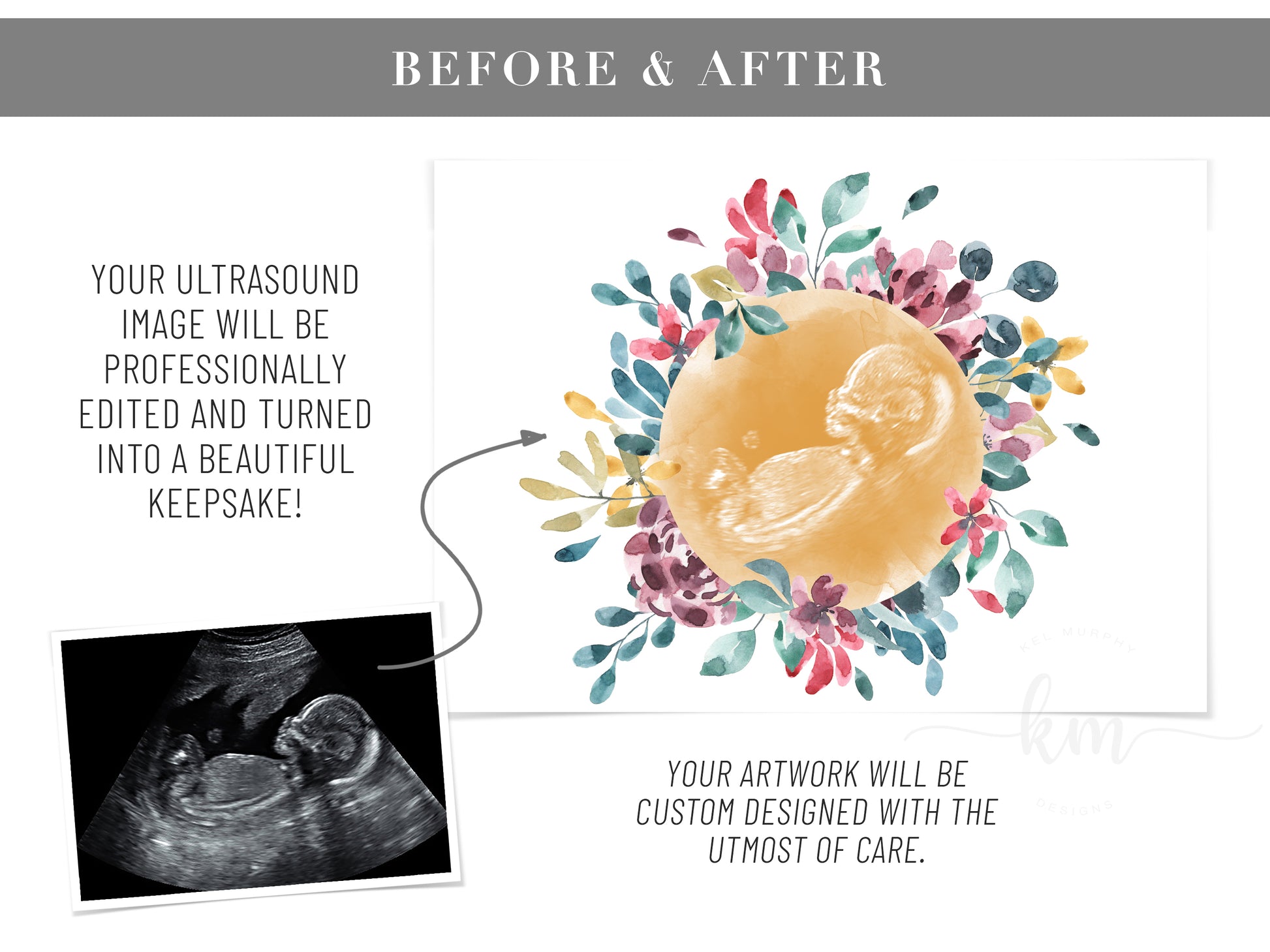Baby loss ultrasound keepsake with flower wreath and optional Bible verse

